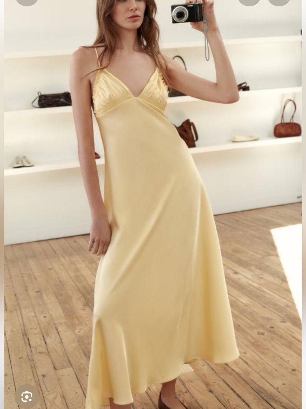 ZARA Light Yellow Satin Slip Midi Dress with Ruffle Trim